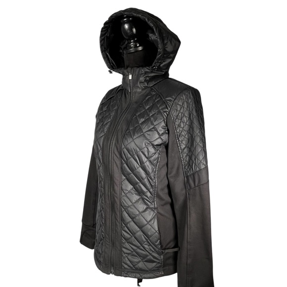 Athleta Black Jacket Quilted Hoodie Zip Front Running Soft Shell Thumb Holes - Picture 5 of 12